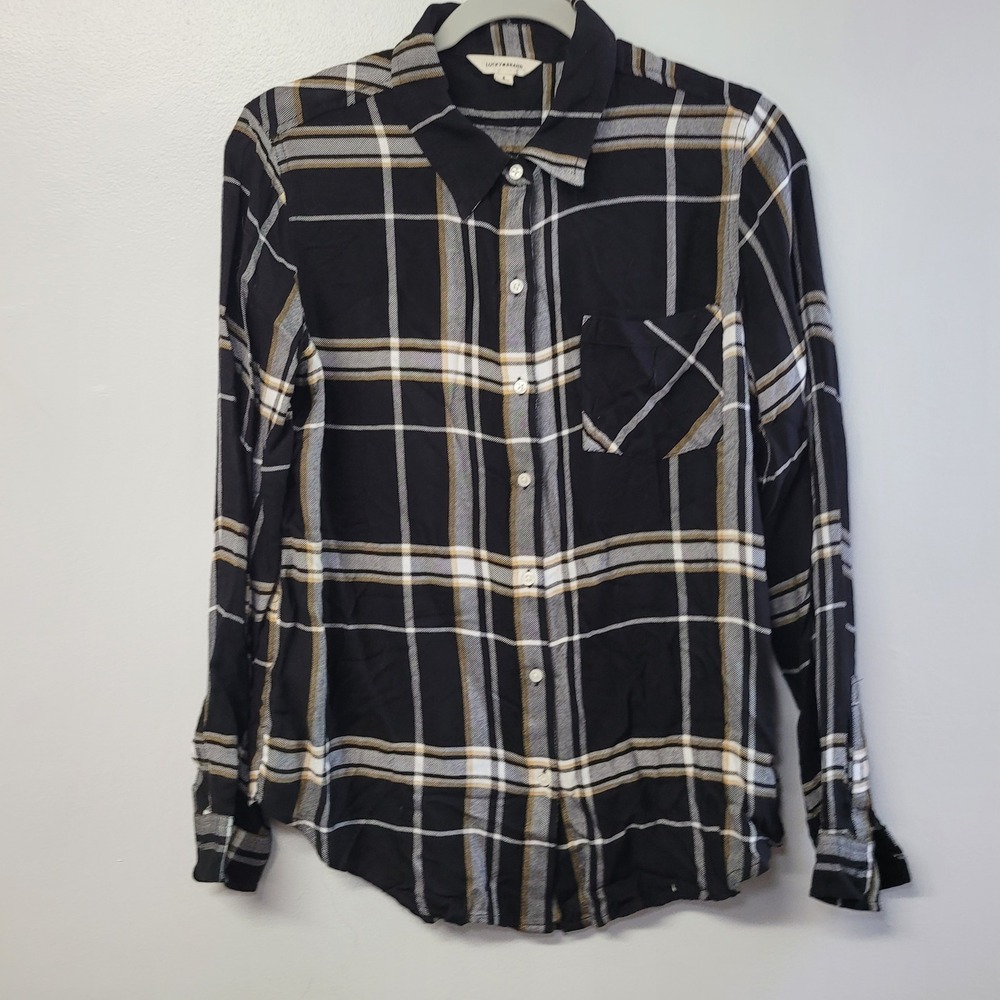 Lucky Brand Womens Small Black Plaid Button Up Long Sleeve Flannel Shirt